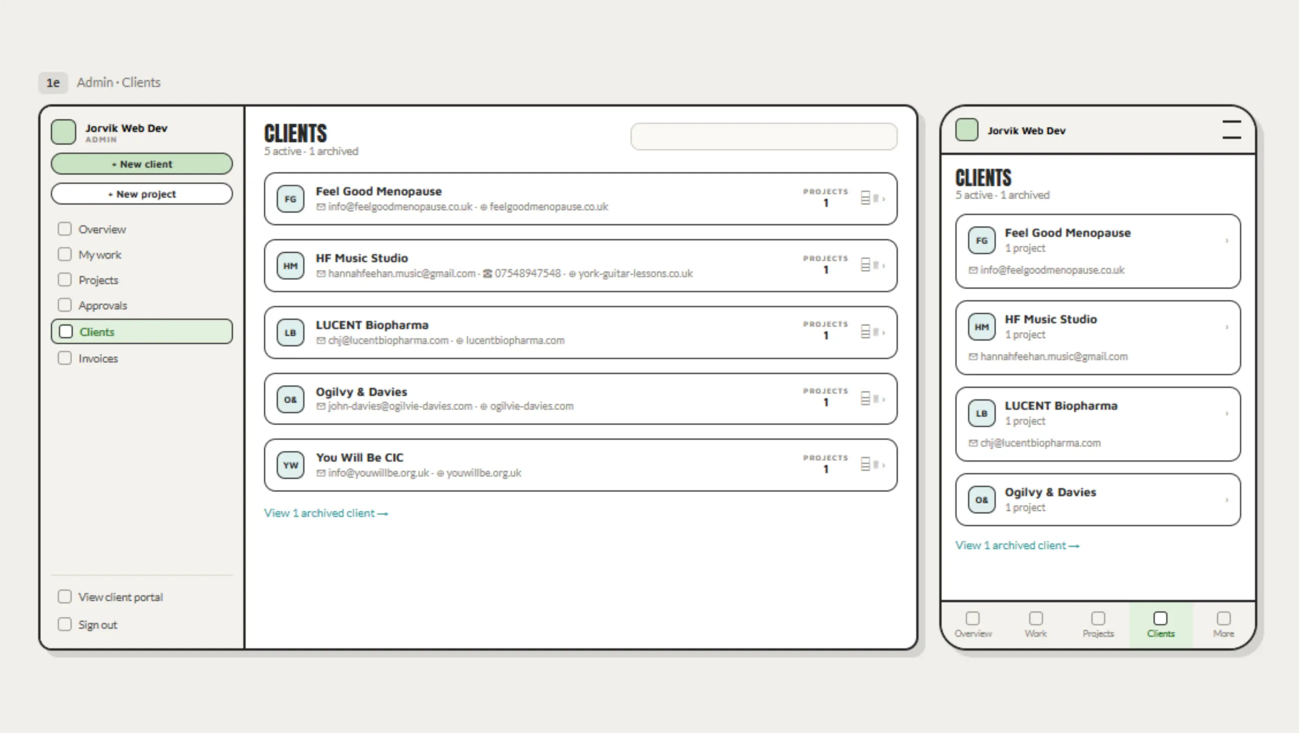 Clients wireframe, desktop and mobile. Each client is one row with initials, contact details and a project count, with archived clients behind a link at the foot of the list.