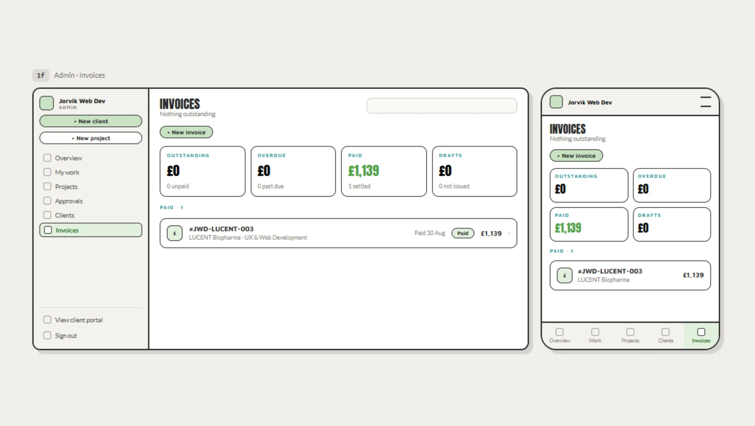 Invoices wireframe, desktop and mobile. Outstanding, overdue, paid and draft totals sit above the invoice list, each invoice showing its reference, the project, the date it was paid and the amount.
