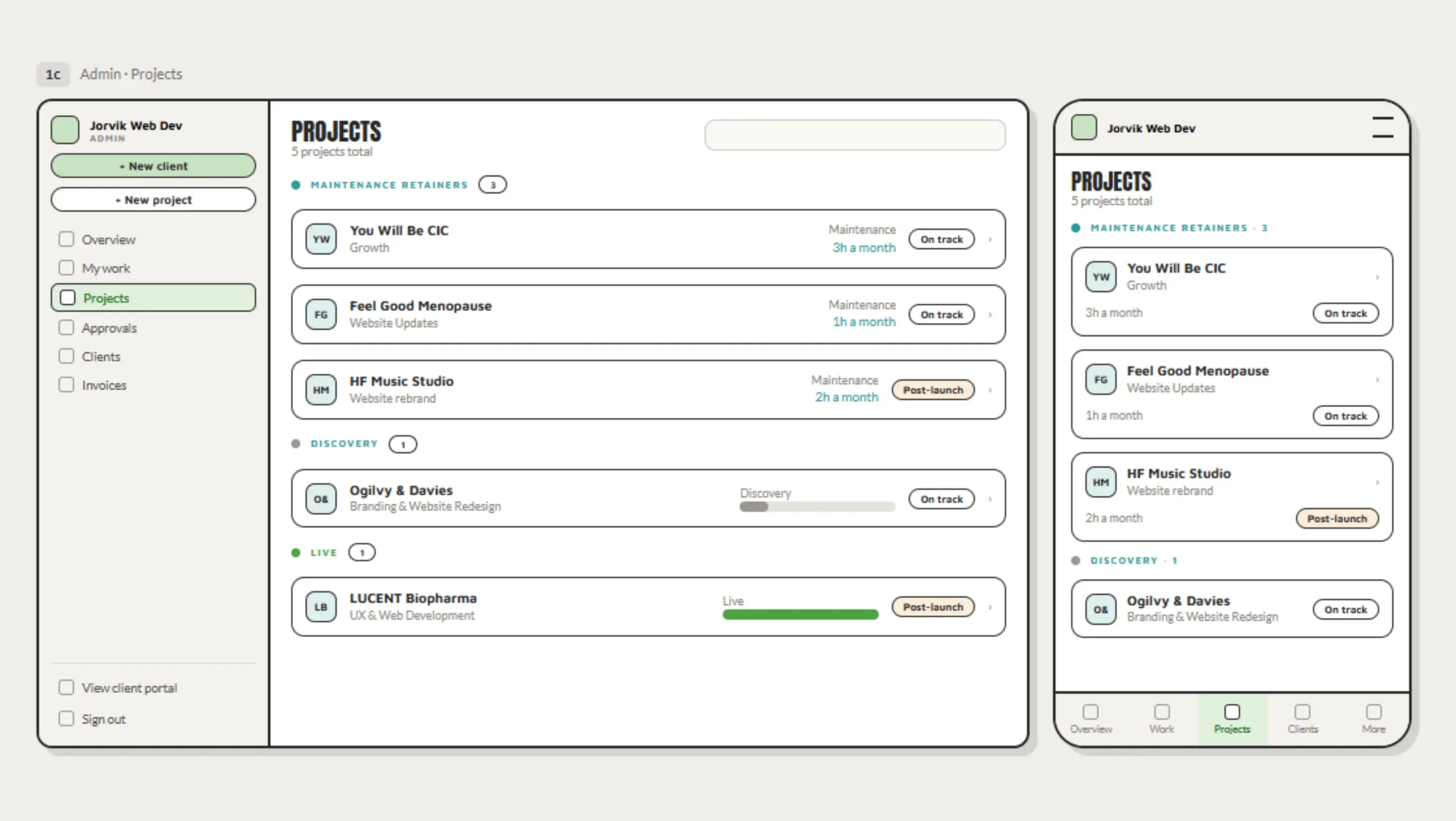 Projects wireframe, desktop and mobile. Projects are grouped by phase under maintenance retainers, discovery and live, each row showing the client, the work, hours a month and a status pill.