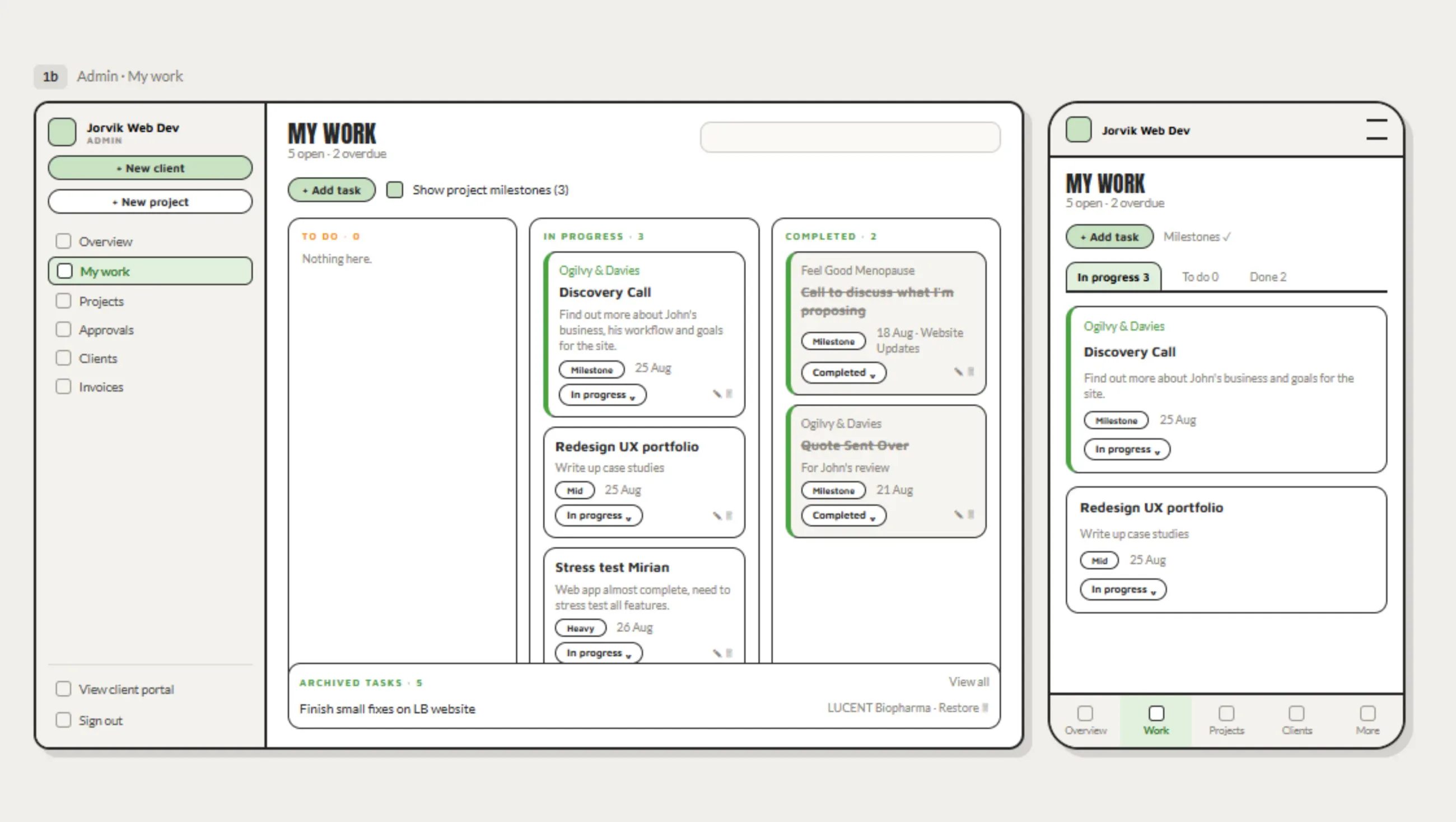 My work wireframe, desktop and mobile. Tasks sit in to do, in progress and completed columns on desktop and collapse to tabs on mobile, each card carrying a size chip, a due date and a status control.