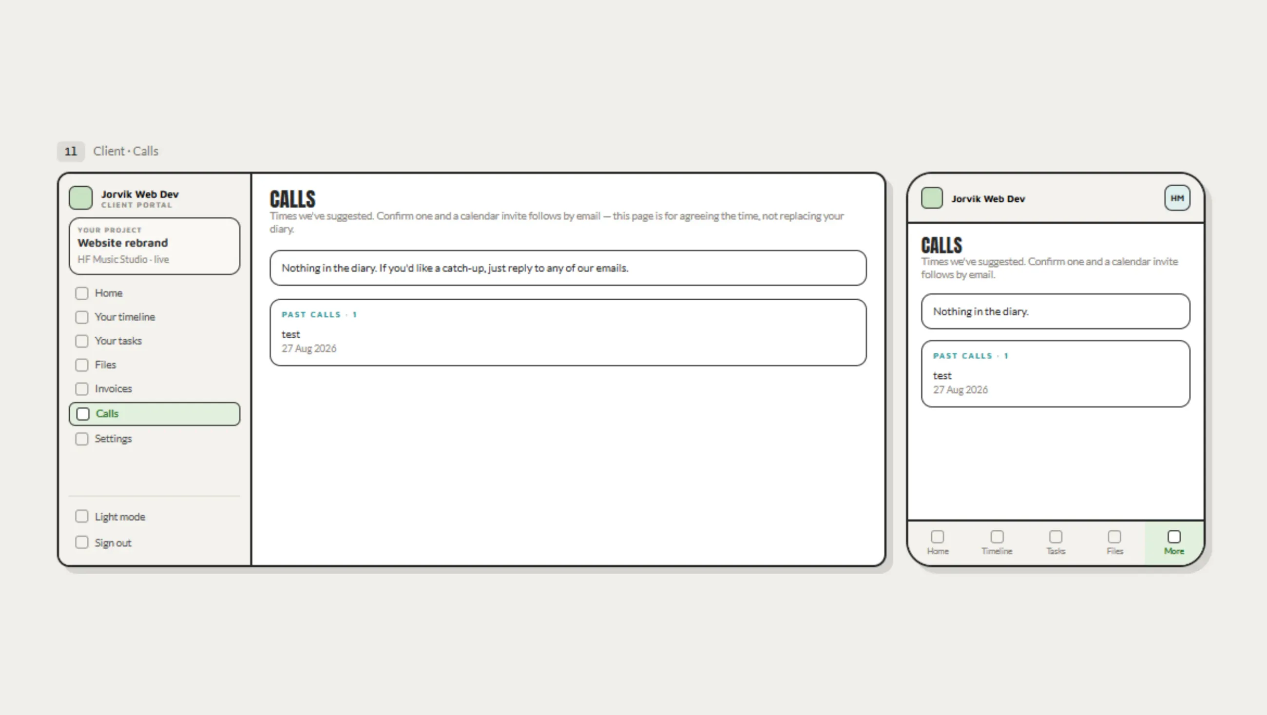 Client calls wireframe, desktop and mobile. Suggested times are confirmed here and the calendar invite follows by email, with past calls listed underneath.