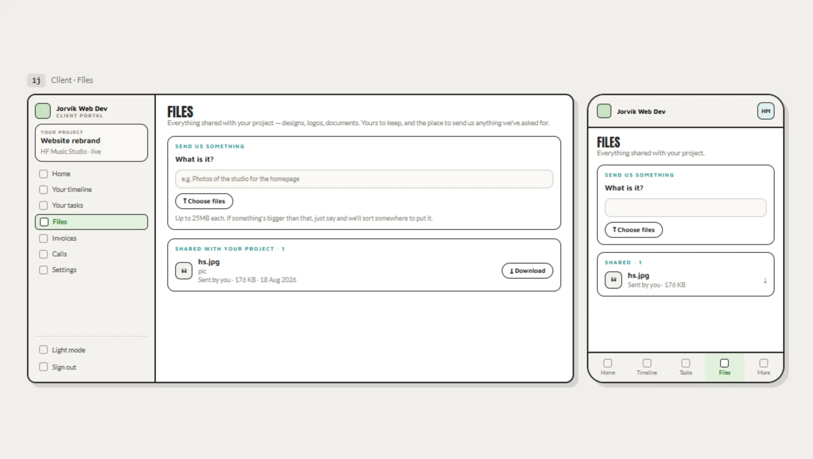 Client files wireframe, desktop and mobile. A send us something form asks what the file is before offering the file picker, above the list of files already shared with the project.