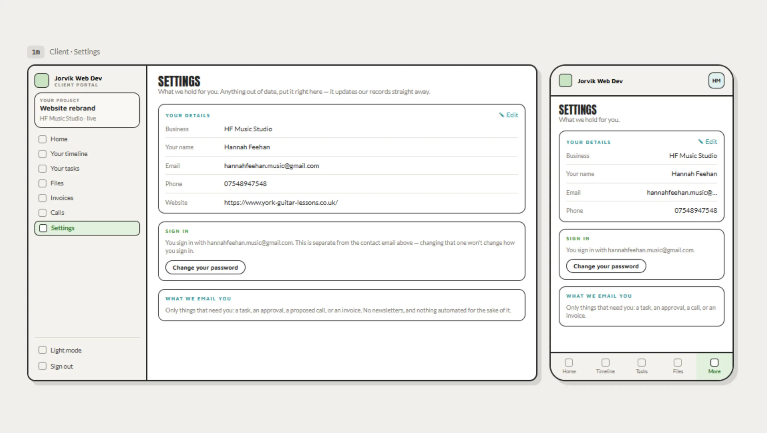 Client settings wireframe, desktop and mobile. The details held for the client can be edited in place, with sign in kept separate from the contact address and a plain note on what the portal emails about.