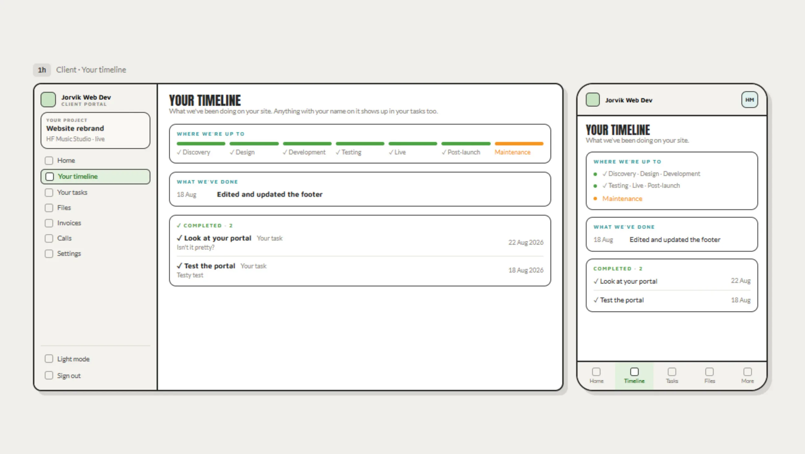 Client timeline wireframe, desktop and mobile. A progress bar runs from discovery through to maintenance, above the most recent piece of work and a list of completed client tasks with dates.